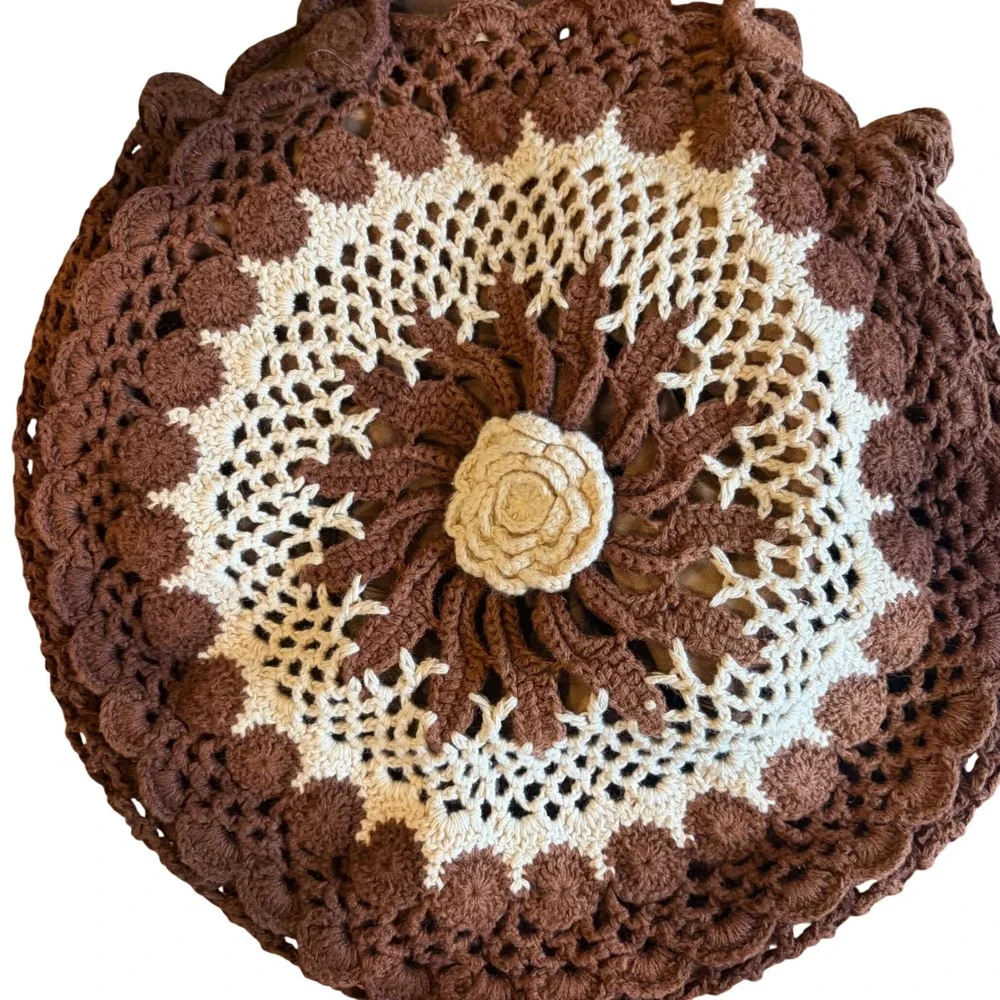 Bebe Crochet Circle Bag Purse Brown Boho Floral Hippie 70s Retro Cottagecore - Picture 2 of 7